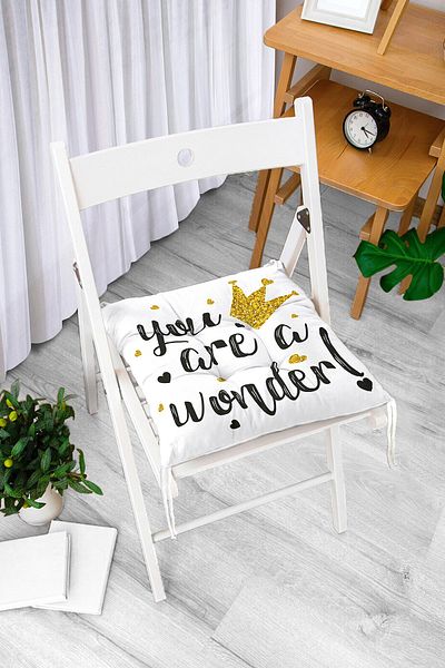 Realhomes Gilded Text Patterned Digital Printed Fluffy Square Chair Cushion