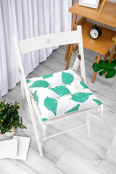 Realhomes White Themed Mint Green Leaf Motif Fluffy Chair Cushion