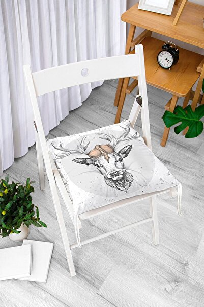 Realhomes Beyaz Zeminde Alageyik Motifli Modern Pofidik Sandalye Minderi