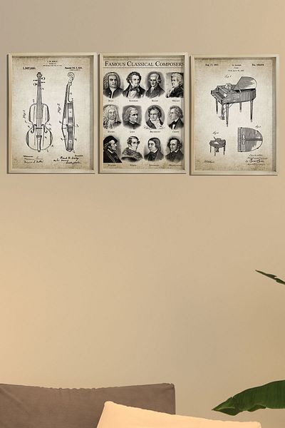 Dekor Loft Pictură de perete pentru cameră muzicală cu rame din pin natural Compozitori celebri și imprimări de artă pentru orchestră
