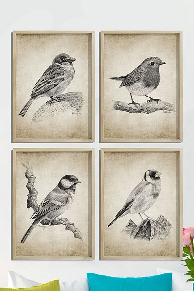 Dekor Loft Set de 4 picturi murale cu rame din pin natural