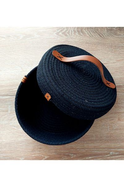 HandmadeSNM Cotton Black Basket with Lid - Decorative Design