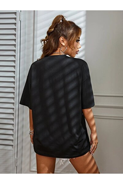 Benisengiydir Dámské černé tričko Los Angels 98 Oversize Crew Neck s potiskem