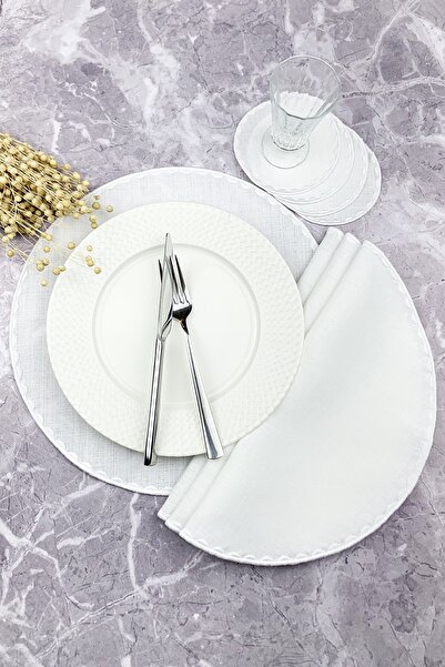 WEARE2 Set de 8 piese, de culoare albă, cu broderie rotundă, șervețele americ...