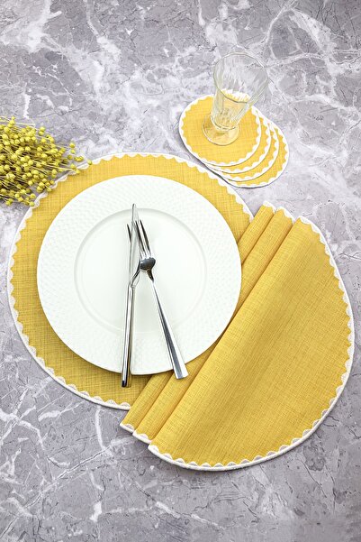 WEARE2 طقم مفارش طاولة مستديرة مطرزة بلون الخردل مكون من 8 قطع ومفرش طاولة من...