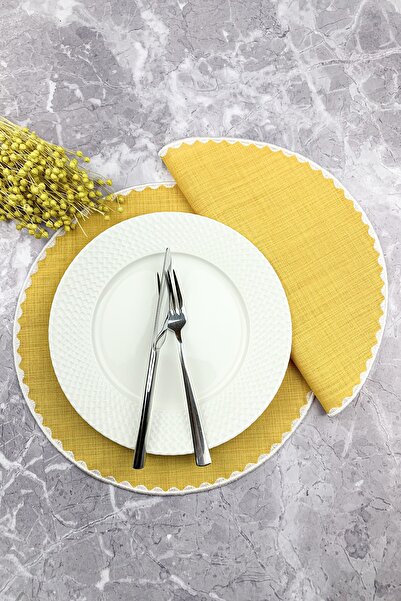 WEARE2 Set american de 2 piese, rotund, brodat, de culoare muștar