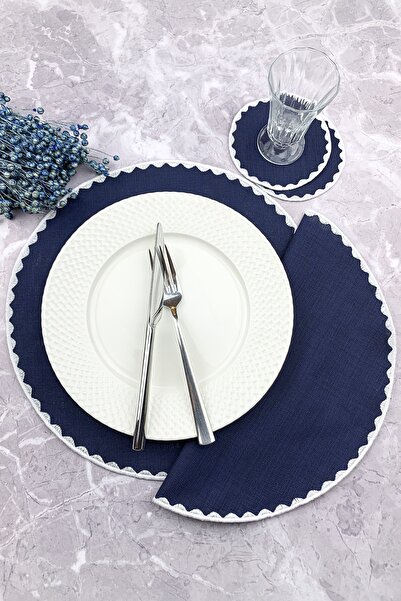 WEARE2 Set de 4 piese, de culoare bleumarin, cu broderie rotundă, șervețele a...