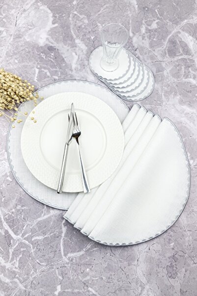 WEARE2 Silver Gray Colored Round Embroidered 12 Piece Set Placemat And Cockta...
