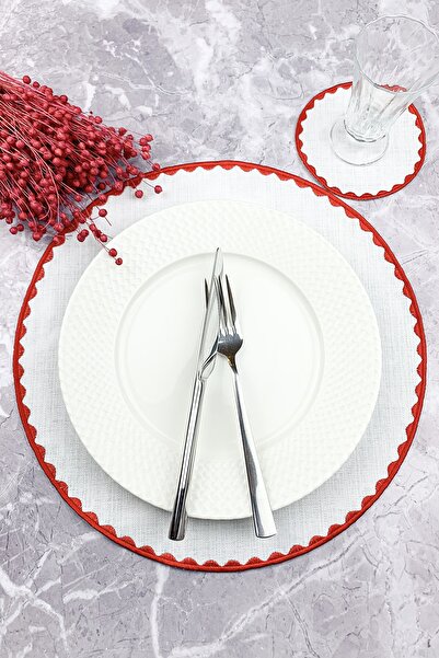 WEARE2 Set de 2 piese cu broderie rotundă de culoare roșie, șervețel american...