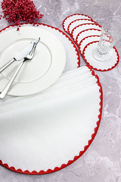WEARE2 Red Colored Round Embroidered 12 Piece Set Placemat And Cocktail Napkin Placemat