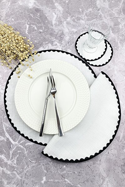 WEARE2 Комплект от 4 черни, кръгли, бродирани подложки и коктейлни салфетки о...
