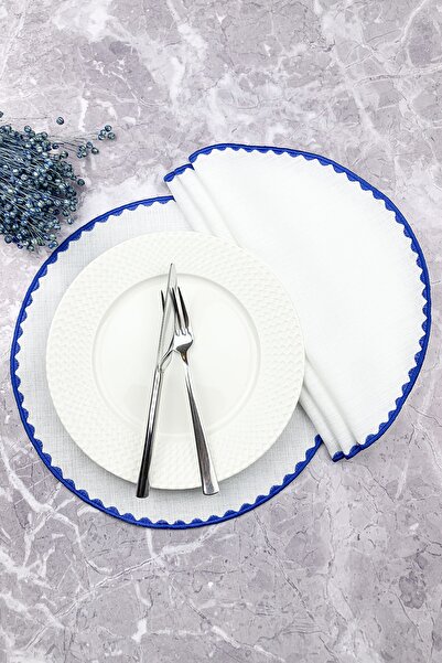 WEARE2 Set de 4 piese americane, rotunde, brodate, de culoare albastră