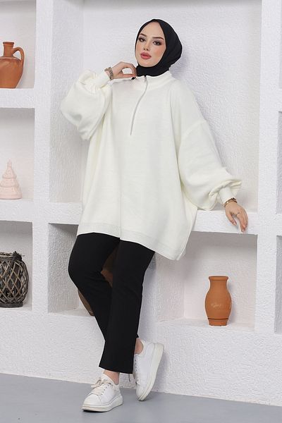 InStyle Pletená tunika Sara na zips - biela
