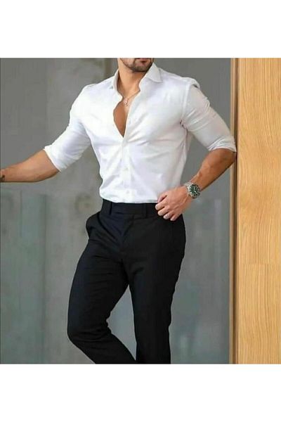 BENESSE Slim Fit Easy-Iron Απλό λευκό πουκάμισο Dacron