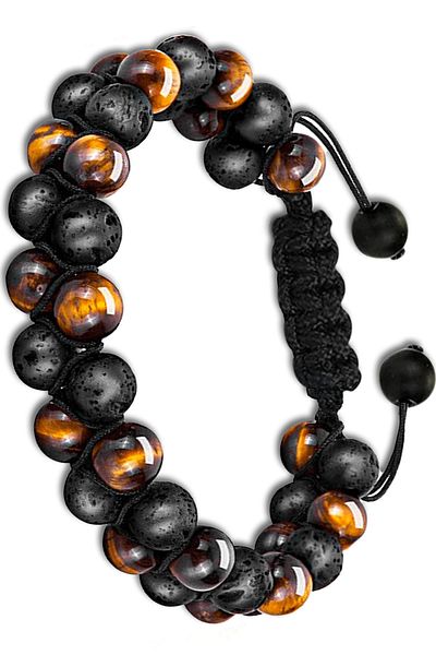 Tesbih Atölyesi High Quality Certified Natural Tiger - Eye Lava Stone Bracelet