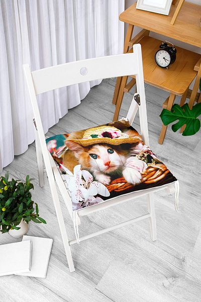 Realhomes Cat with Hat Digital Printed Fluffy Square Chair Cushion