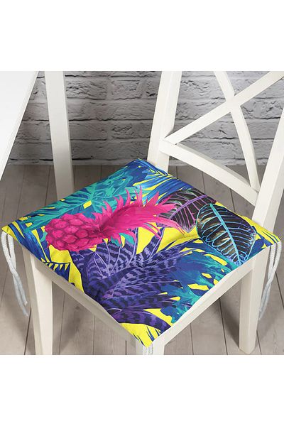 Realhomes Modern Fluffy Chair Cushion with Tropical Forest Design on Yellow Background