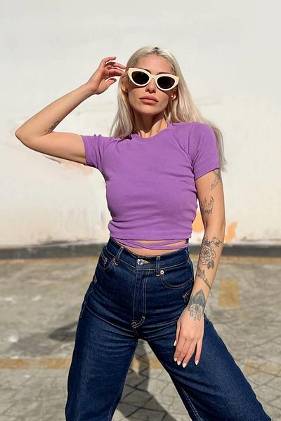 Swist Μωβ κοντομάνικο Bias Tie Crop Γυναικεία Μπλούζα