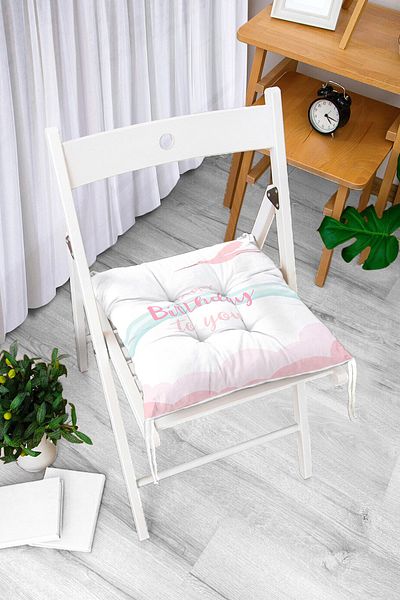 Realhomes Happy Birthday Unicorn Patterned Baby Room Fluffy Chair Cushion with Gray Background