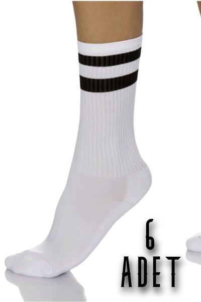 Hakan Tekstil 6 Pairs Unisex Towel White Striped Tennis Socket Socks