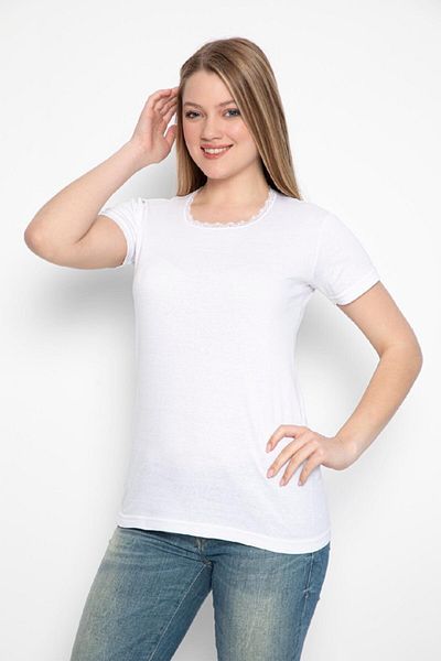 saac White Lace Round Neck 100% Cotton Combed Cotton Women's Undershirt - Short Sleeve 6 Pieces