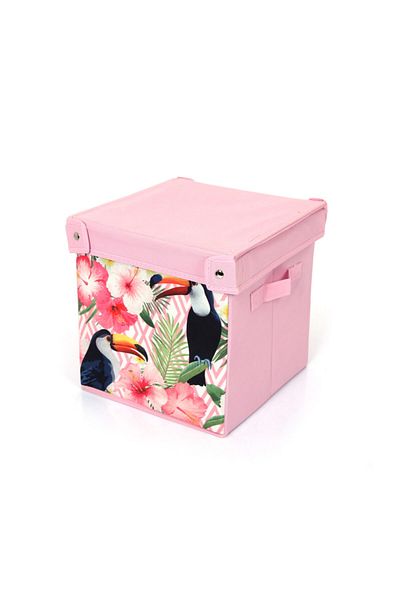 Bosphorus 21 Liter Storage Box with Lid - Bird and Spring Pattern Fabric, 28X28X28Cm