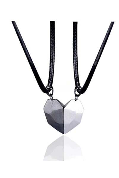 Acousticworld Gri Siyah Iki Adet Mıknatıslı Çift Kalp Sevgili Metal Kolye Takı