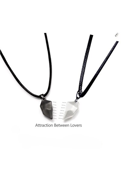 Acousticworld Gri Siyah Iki Adet Mıknatıslı Çift Kalp Sevgili Metal Kolye Takı
