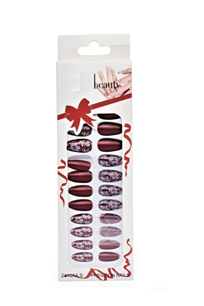 SHUSHU Beauty 24 Lü Takma Tırnak Slikon Yapışkanlı(bordo +desenli)