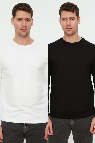 Trendyol Collection Μαύρο-άσπρο ανδρικό φούτερ 2-pack Regular Fit Basic Crew λαιμόκοψη TMNAW22SW1342
