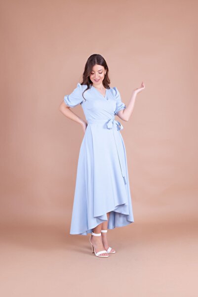 Bidoluelbise Kadın Bebe Mavisi Beden Asimetrik Kesim Elbise