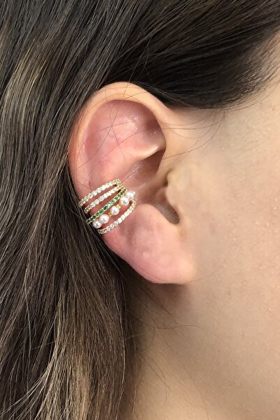 İnci Accessories Kadın Earcuff Sıkıştırma Çelik Zirkon Taşlı İncili Küpe