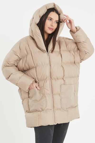 Genel Markalar Kadın Kapşonlu Oversize Bej Şişme Mont