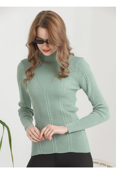 VEGENZE Pulover de damă, verde mentă, cu gât cu șnur, tricotat cu model