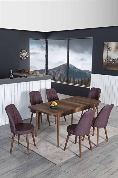 Genel Markalar 170x80 Barok Ceviz Açılır Yemek Ve Mutfak Masa Takımı 6 Sandalyeli