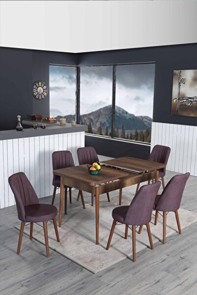 Genel Markalar 170x80 Barok Ceviz Açılır Yemek Ve Mutfak Masa Takımı 6 Sandalyeli