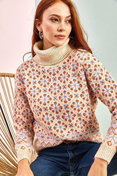 Bianco Lucci Women's Turtleneck Patterned Knitwear Sweater