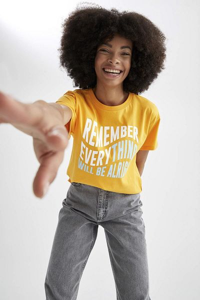 DeFacto Regular Fit Crew Neck Slogan Printed Short Sleeve 100% Cotton T-Shirt