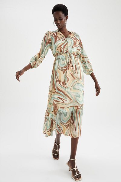DeFacto Patterned Flounce Detailed Midi Chiffon Dress