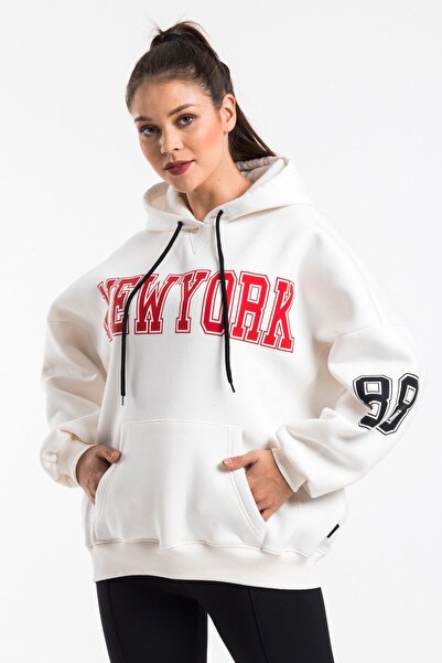 CAYA Hanorac oversize cu imprimeu color ecru pentru femei Cy84191 Alb