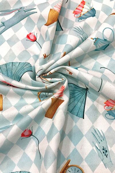 SUZANİ Mavi Damalı Alice Desenli Dijital Baskılı Kumaş Kms-1337