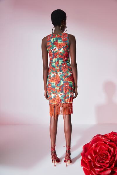 Trendyol Collection Rochie de seara tricotata la dublu piept cu imprimeu floral elegant - ciucuri, scurta, colorata TPRSS20EL0037