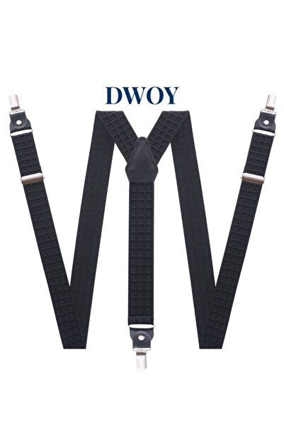 DWOY Γνήσιο δερμάτινο λουράκι παντελονιού με υφαντό ζακάρ, καρό μαύρο