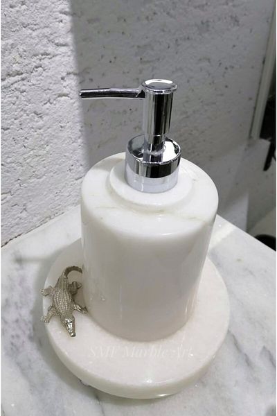 Sümeyra Marble Art Диспенсър за течен сапун от естествен бял мрамор със сребърни сферични крачета и крокодилски детайл