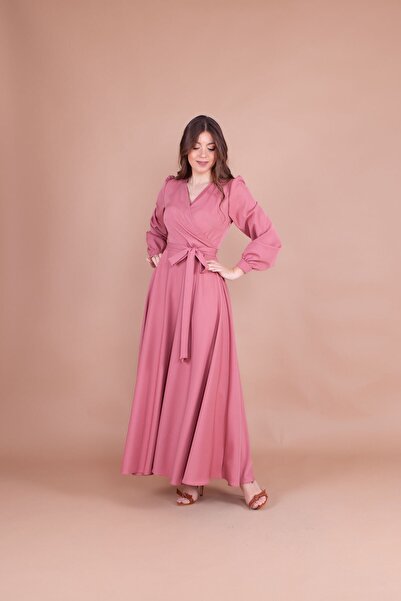 Bidoluelbise فستان نسائي طويل بحزام وياقة مزدوجة الصدر من Dusty Rose