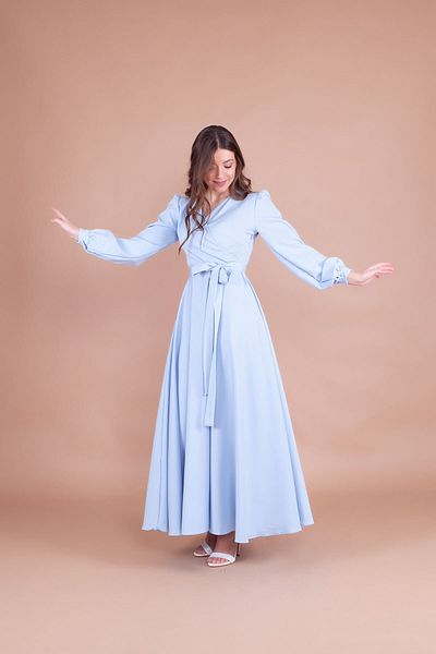 Bidoluelbise Γυναικείο Baby Blue Διπλό Πέτο Μάξι Φόρεμα με ζώνη