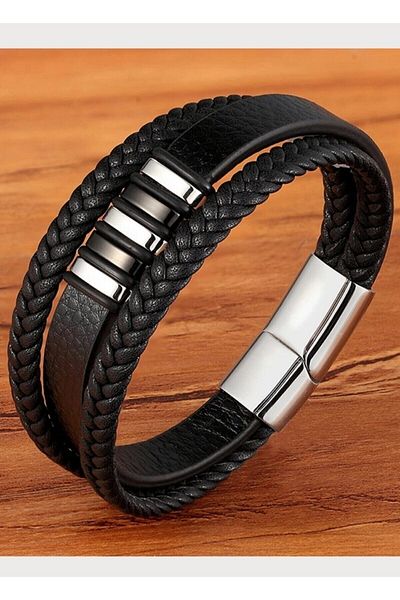 Erdem Men's Bracelet Genuine Leather - Black Wicker Knitted Leather Bracelet