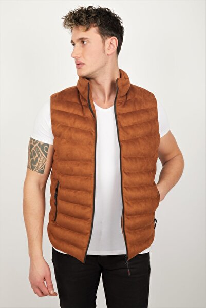 Boymen Men's Brown Nubuck Suede Puffer Vest