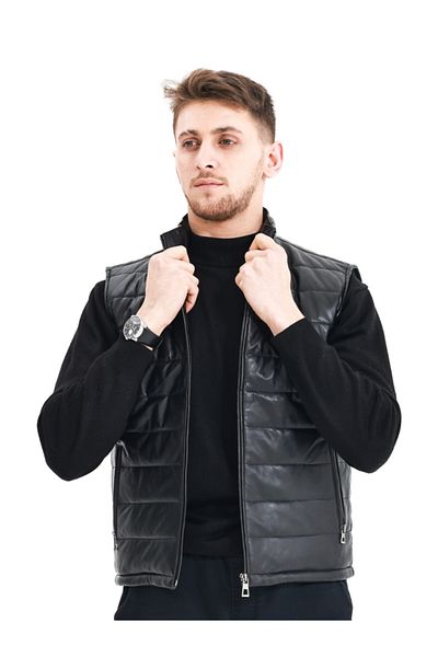 Derimosa Gostens Black Inflatable Men's Genuine Leather Vest