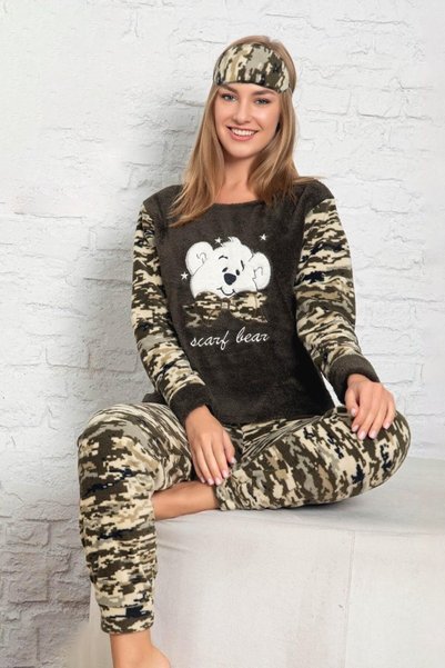 Hayal Sepeti Kadın Yeşil Renk Kamuflaj Desenli Polar Kumaş Azl-6206 Pijama Ta...